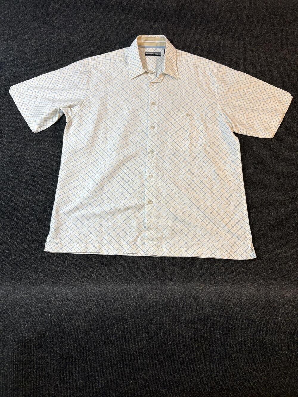 Andrew Fezza Shirt Mens XL White Check Short Sleeve Button Up Pocket Casual